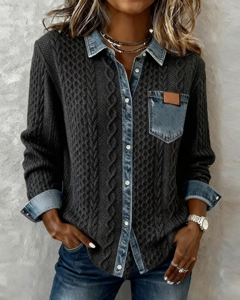 Women's Long Sleeve Sweater Top with Denim Collar and Button Front