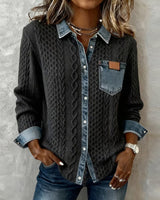 Women's Long Sleeve Sweater Top with Denim Collar and Button Front