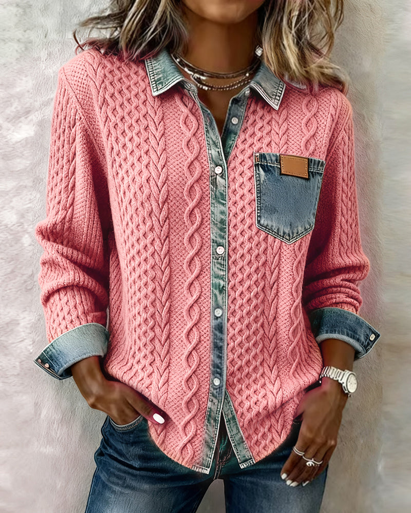Women's Long Sleeve Sweater Top with Denim Collar and Button Front