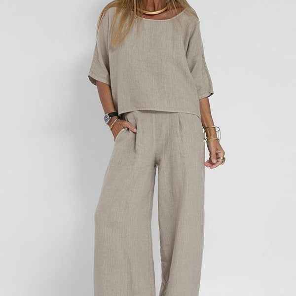 Women's Loose Fit Clothing Set with Three-Quarter Sleeves and Wide-Leg Trousers