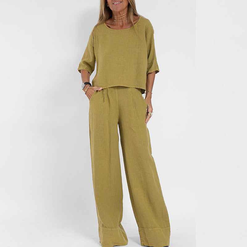 Women's Loose Fit Clothing Set with Three-Quarter Sleeves and Wide-Leg Trousers