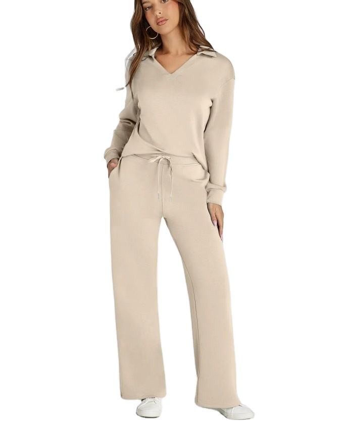 Women's Loungewear Set with V-Neck Long Sleeve Top and Wide-Leg Pants