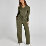 Women's Loungewear Set with V-Neck Long Sleeve Top and Wide-Leg Pants
