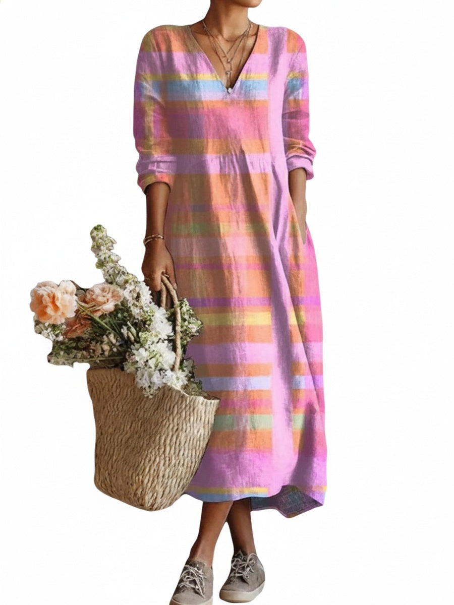Women's Maxi Dress Long Sleeve with V-Neck and Colorful Plaid Print