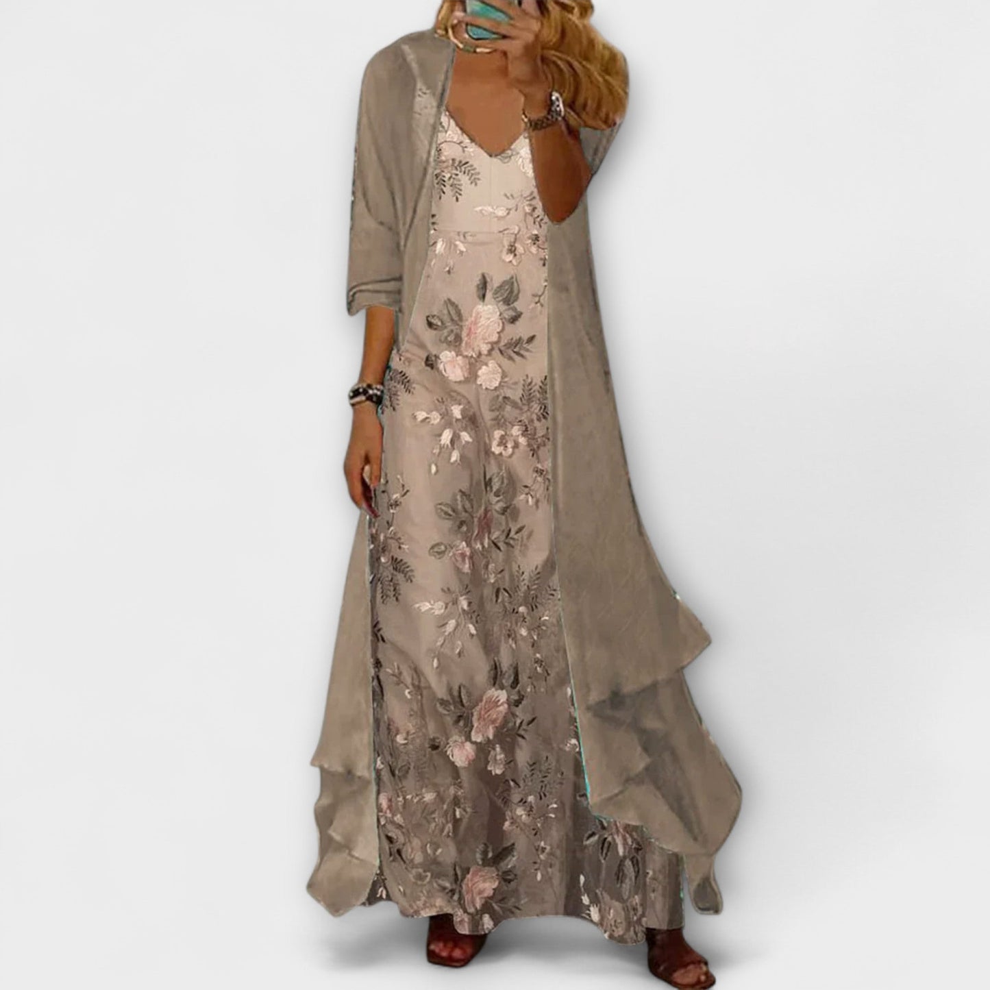 Women's Maxi Dress Two-Piece Set with Floral Print and Long Cardigan