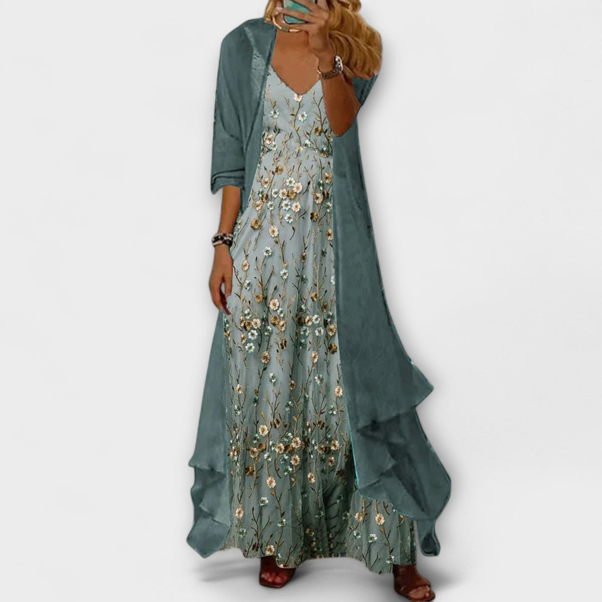 Women's Maxi Dress Two-Piece Set with Floral Print and Long Cardigan