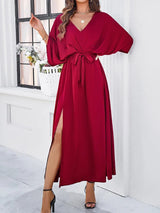 Women's Maxi Dress with V-Neck, Batwing Sleeves, Tie Waist and Side Slit