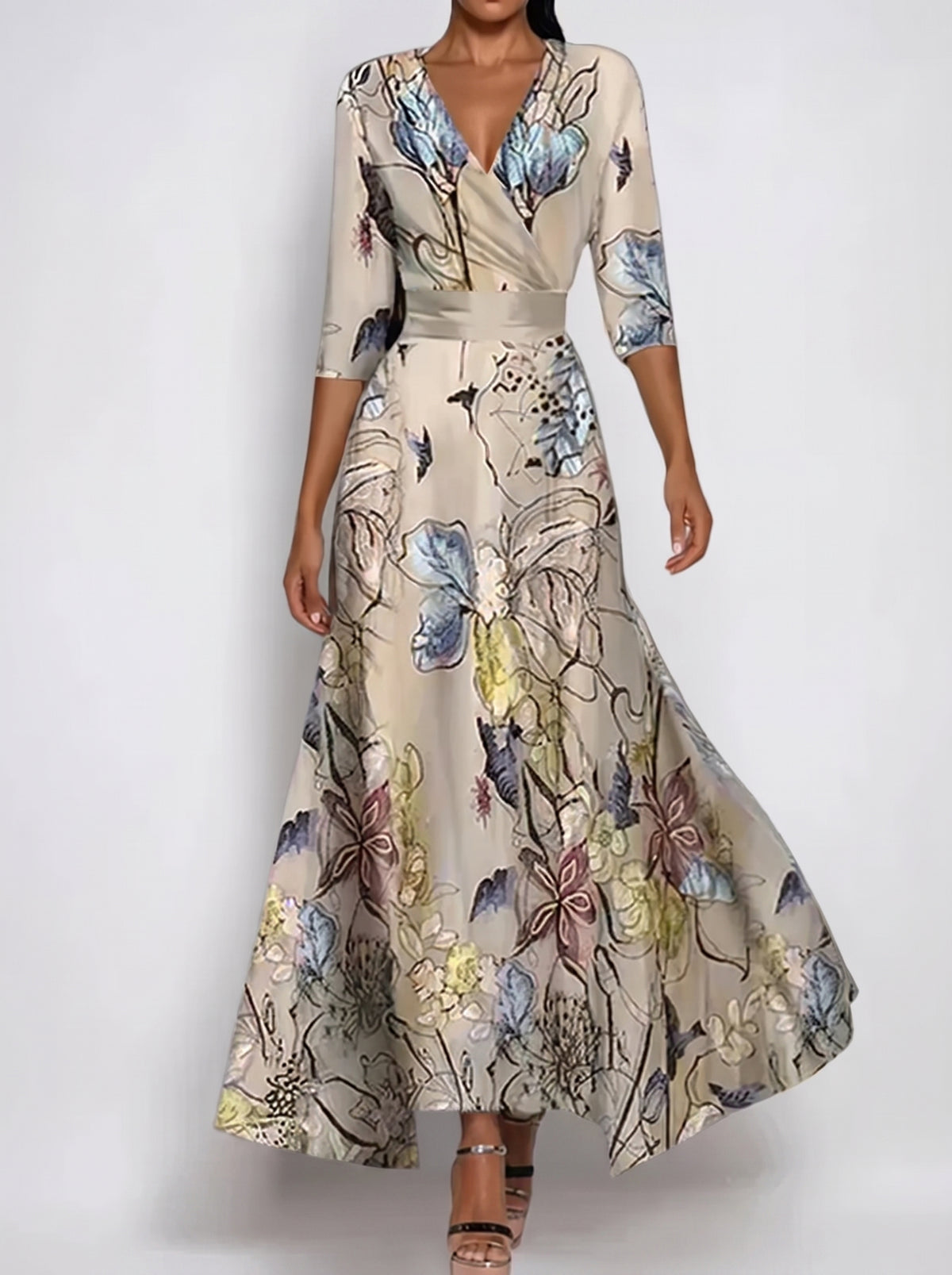 Women's Maxi Dress with V-Neck, Three-Quarter Sleeves and A-Line Skirt