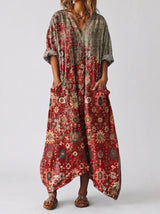 Women's Maxi Dress with V-Neck, Three-Quarter Sleeves and Side Pockets