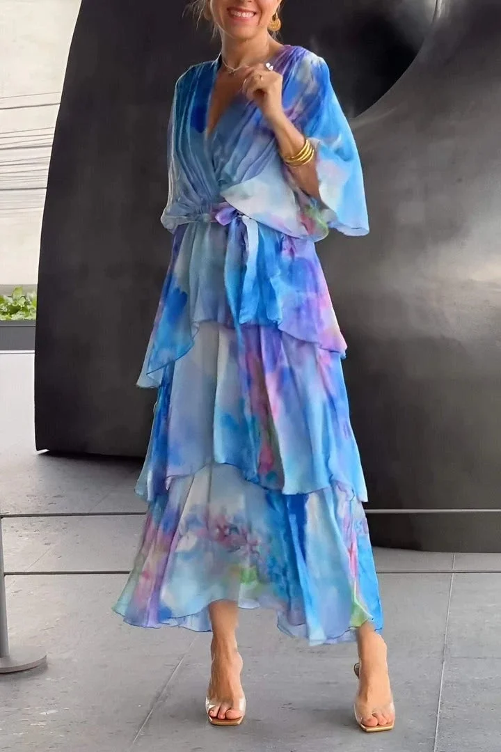 Women's Maxi Dress with V-Neck, Tie Waist and Tiered Ruffle Skirt