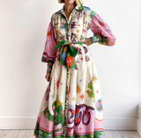 Women's Maxi Shirt Dress Long Sleeve with Pointed Collar, Belt and Graphic Print