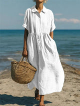 Women's Maxi Shirt Dress Short Sleeve with Pintuck Bodice and Gathered Waist