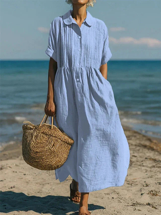 Women's Maxi Shirt Dress Short Sleeve with Pintuck Bodice and Gathered Waist