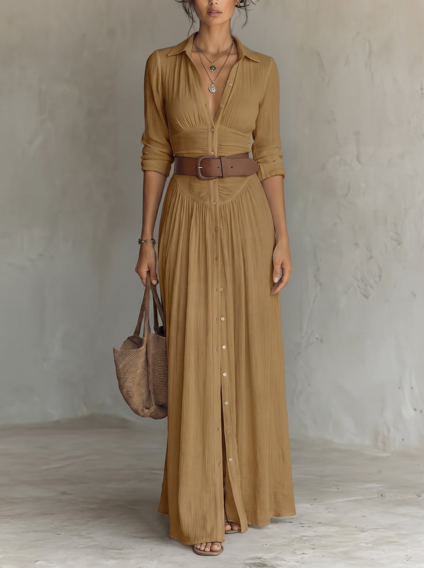 Women's Maxi Shirt Dress with Button Closure and Belt