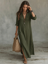 Women's Maxi Shirt Dress with Long Sleeves, Collar and Side Slit