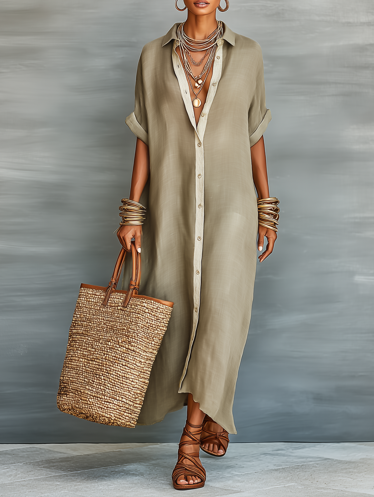 Women's Maxi Shirt Dress with Short Sleeves and Button-Down Collar