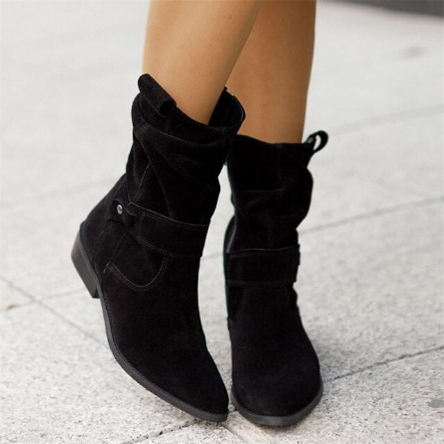 Women's Mid-Calf Slouch Boots with Low Block Heel and Round Toe