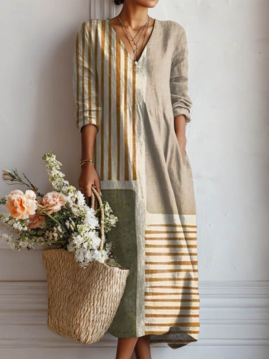 Women's Midi Dress Long Sleeve V-Neck with Colorblock Stripe Print and Pockets