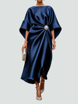 Women's Midi Dress with Bateau Neck, Kimono Sleeves and Rhinestone Brooch