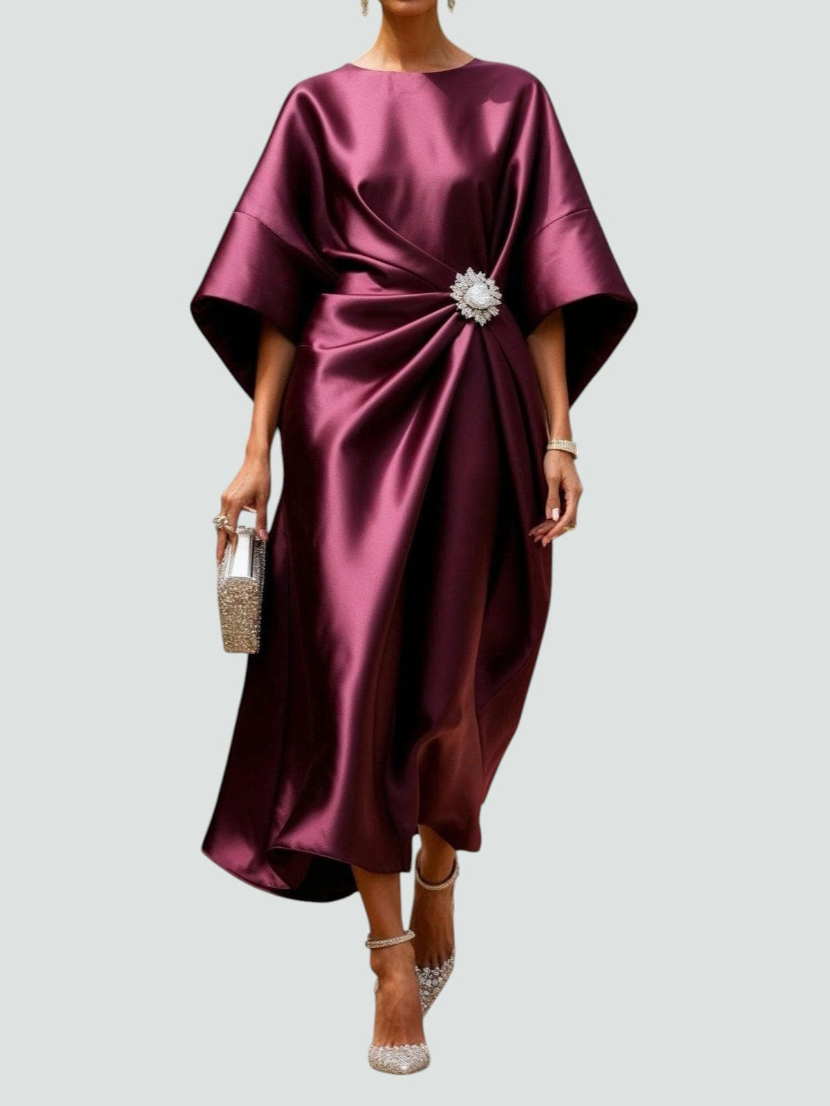 Women's Midi Dress with Bateau Neck, Kimono Sleeves and Rhinestone Brooch