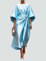 Women's Midi Dress with Bateau Neck, Kimono Sleeves and Rhinestone Brooch