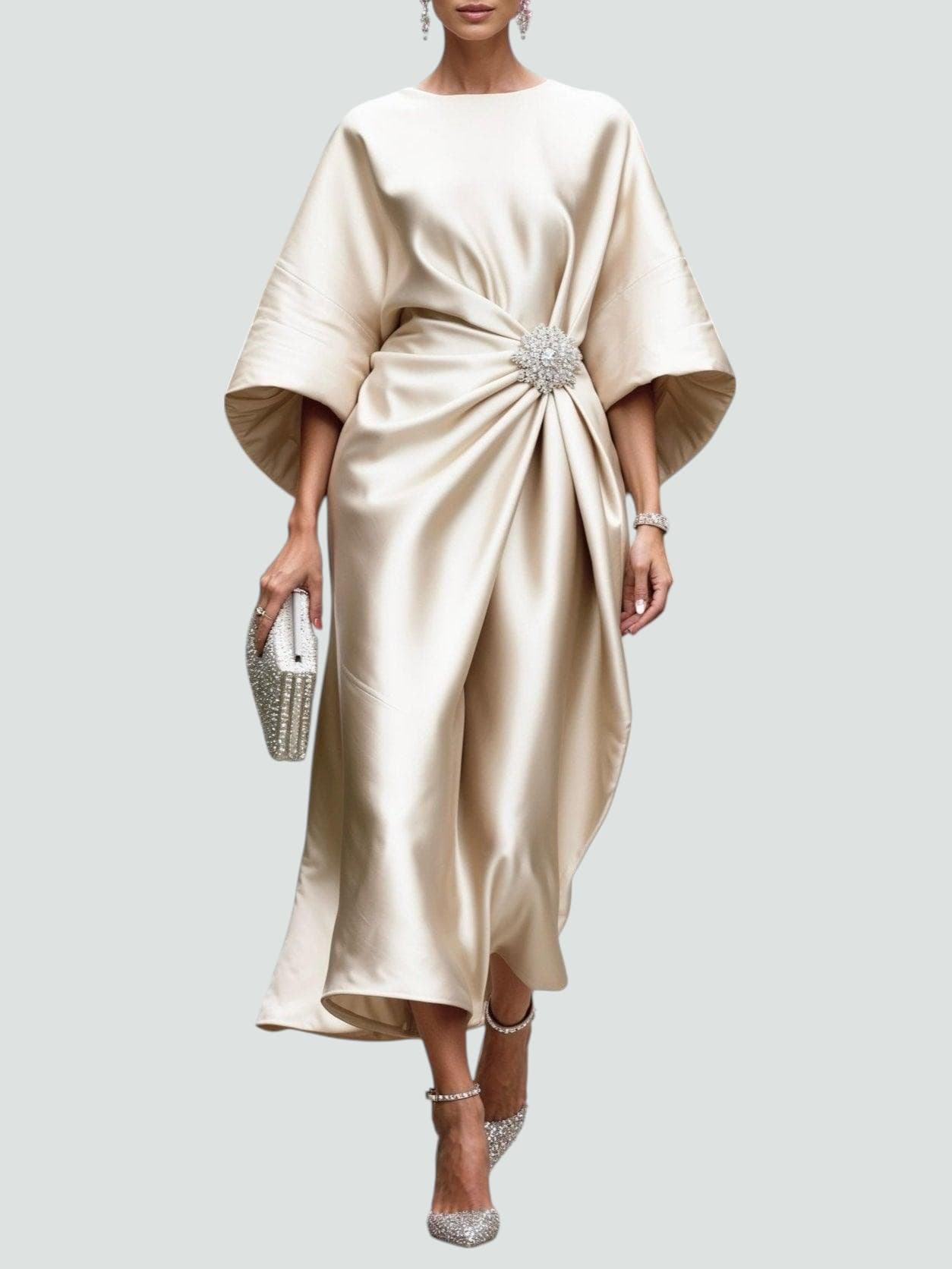 Women's Midi Dress with Bateau Neck, Kimono Sleeves and Rhinestone Brooch