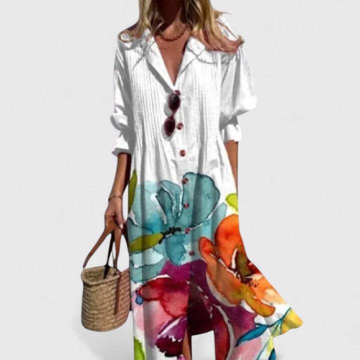 Women's Midi Dress with Button-Front and Printed Relaxed Fit