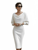 Women's Midi Dress with Cowl Neck and Batwing Sleeves Bodycon Fit
