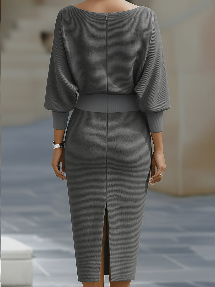 Women's Midi Dress with Cowl Neck and Batwing Sleeves Bodycon Fit
