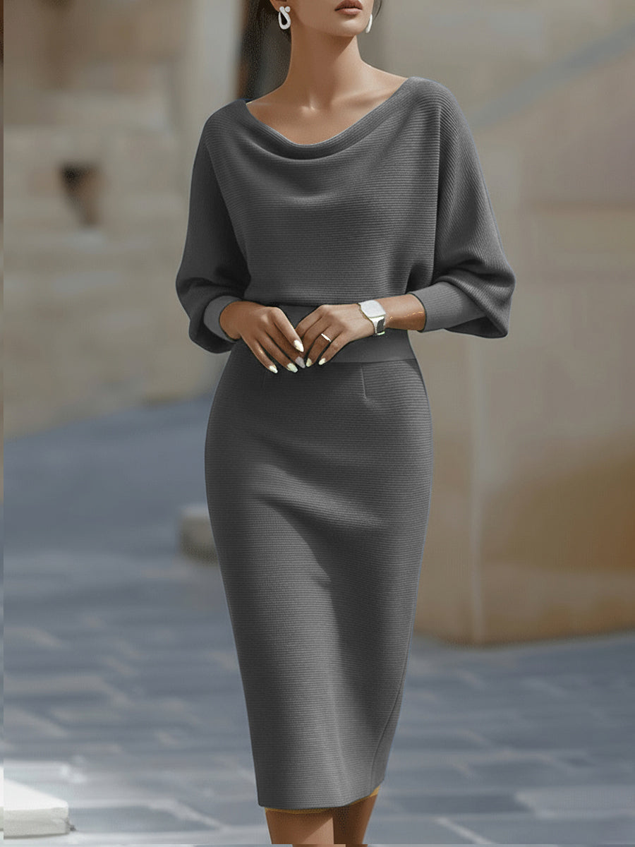 Women's Midi Dress with Cowl Neck and Batwing Sleeves Bodycon Fit