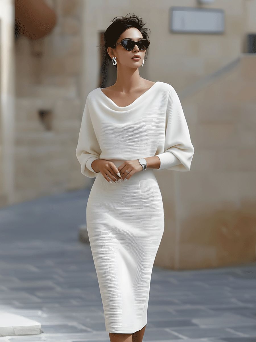 Women's Midi Dress with Cowl Neck and Batwing Sleeves Bodycon Fit