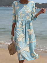 Women's Midi Dress with Floral Embroidery and Three-Quarter Sleeves