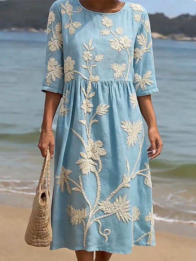 Women's Midi Dress with Floral Embroidery and Three-Quarter Sleeves