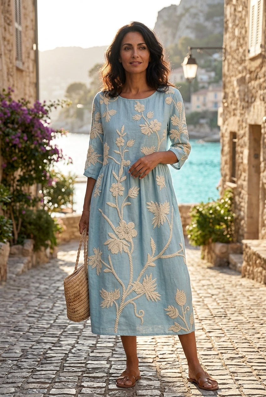 Women's Midi Dress with Floral Embroidery and Three-Quarter Sleeves