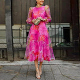 Women's Midi Dress with Floral Print, Puff Sleeves and A-Line Skirt