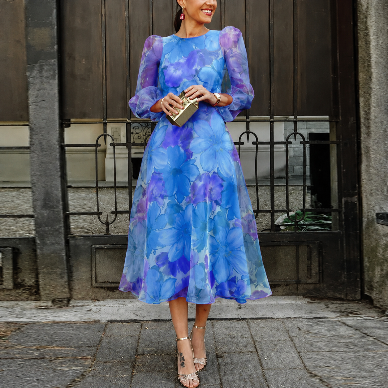 Women's Midi Dress with Floral Print, Puff Sleeves and A-Line Skirt