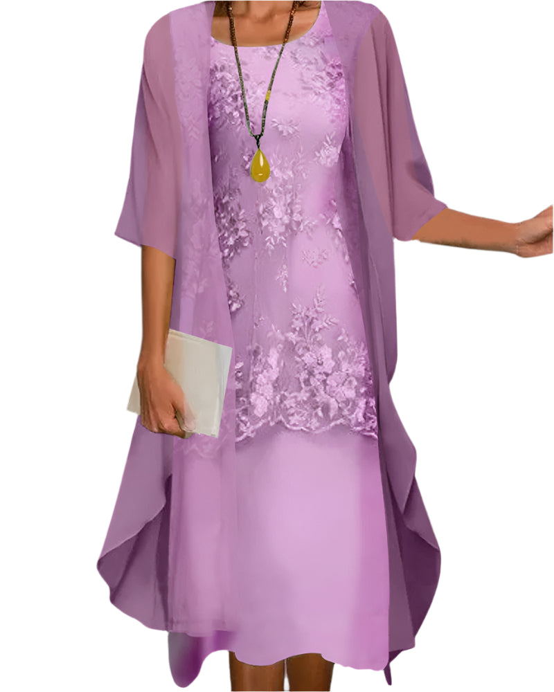 Women's Midi Dress with Sheer Overlay and Floral Lace Detail