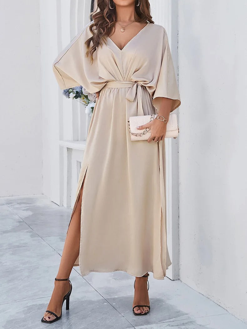 Women's Midi Dress with V-Neck, Batwing Sleeves, Tie Waist and Side Slit