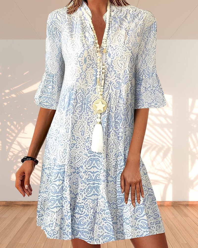 Women's Midi Dress with V-Neck, Paisley Print and Three-Quarter Flare Sleeves