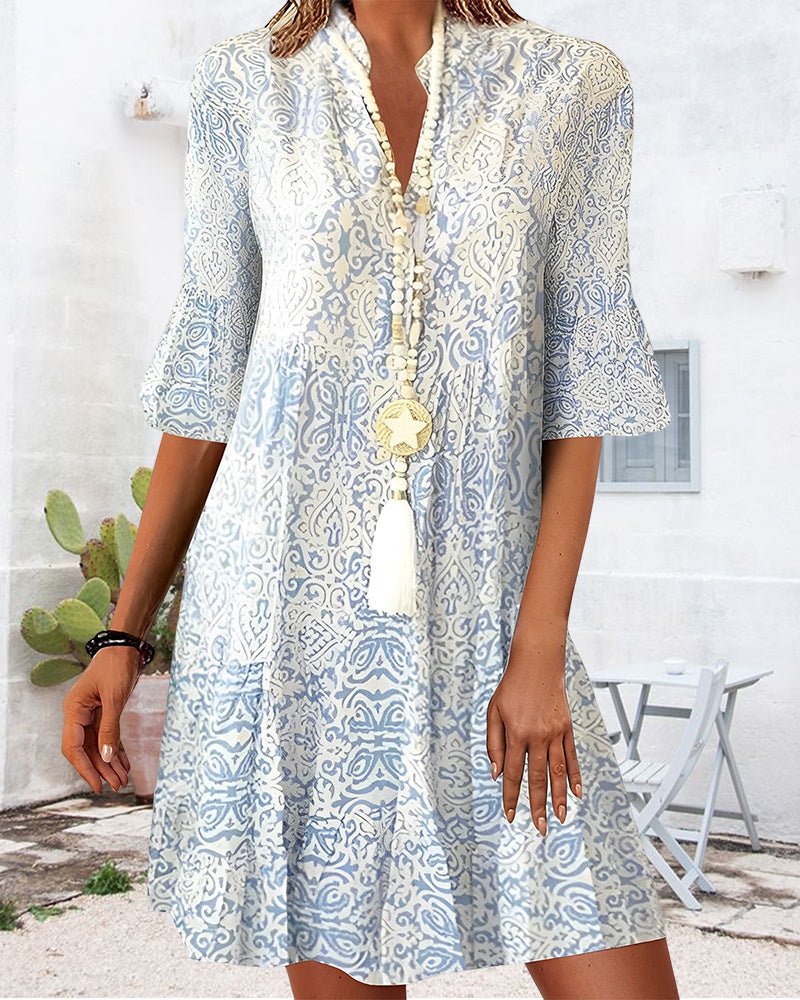 Women's Midi Dress with V-Neck, Paisley Print and Three-Quarter Flare Sleeves