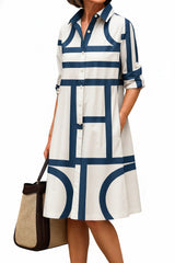 Women's Midi Shirt Dress with Geometric Print and Button Front