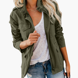 Women's Military Jacket with Hood, Zip Closure and Four-Pocket Design