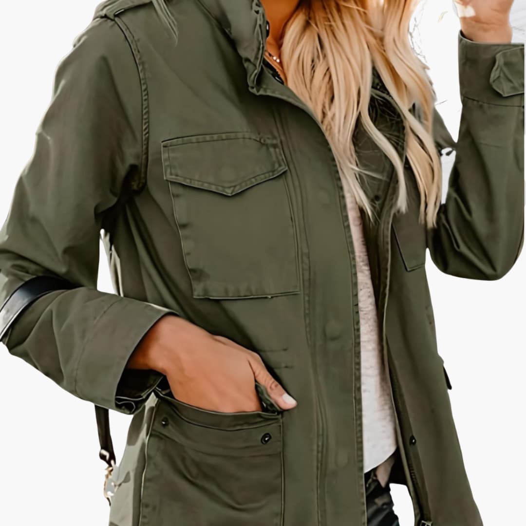 Women's Military Jacket with Hood, Zip Closure and Four-Pocket Design