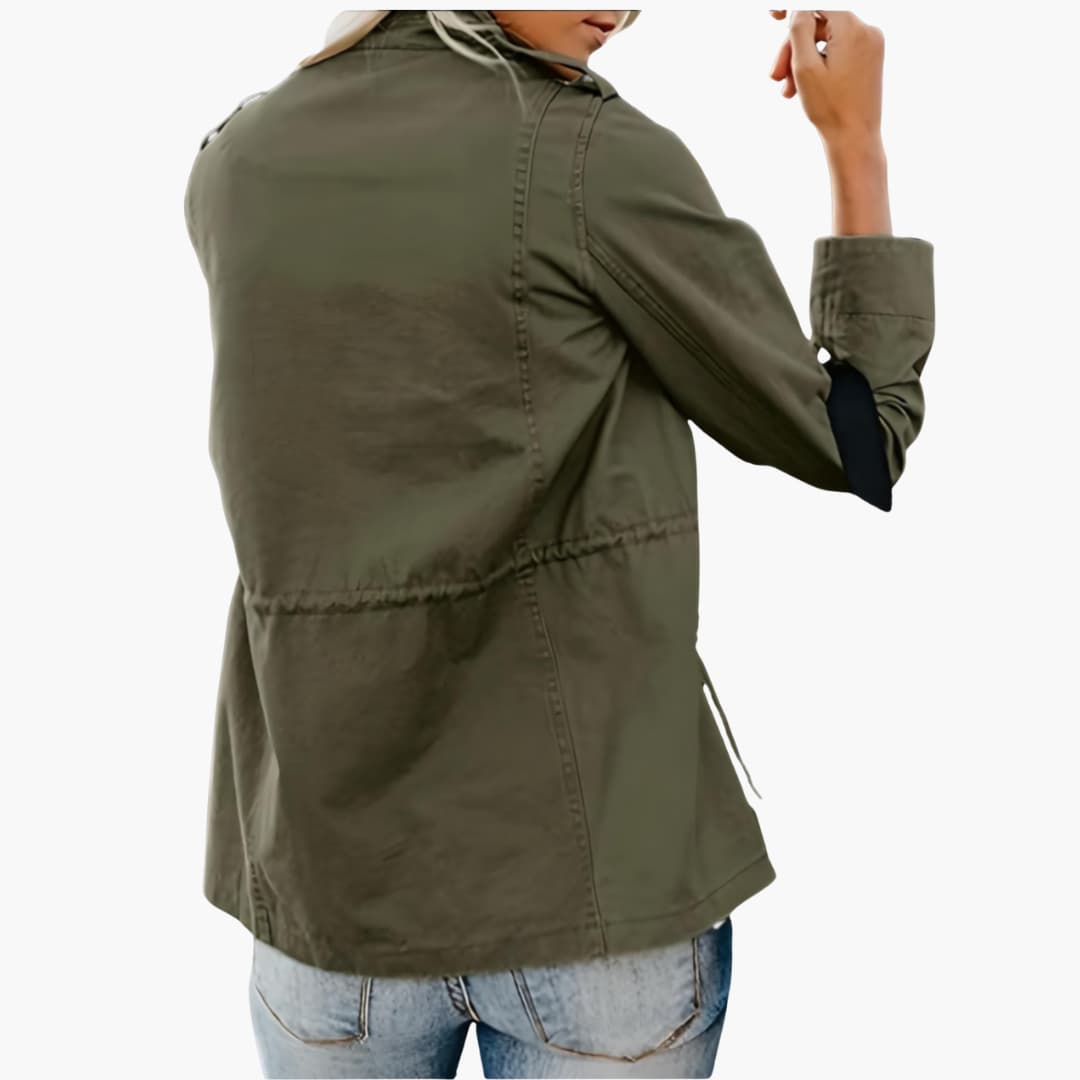Women's Military Jacket with Hood, Zip Closure and Four-Pocket Design