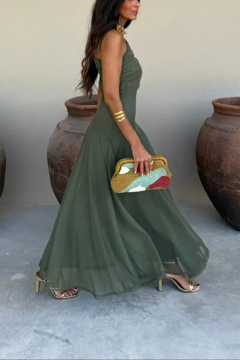 Women's Off-Shoulder Maxi Dress with Draped One-Shoulder Neckline and A-Line Skirt