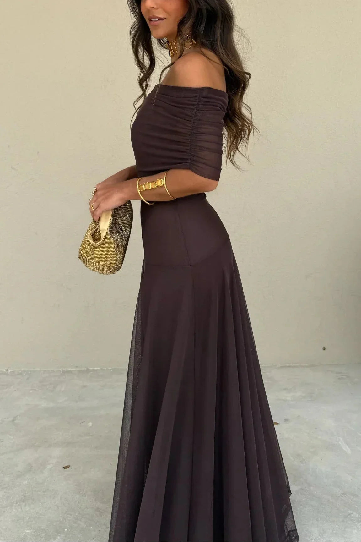 Women's Off-Shoulder Maxi Dress with Draped One-Shoulder Neckline and A-Line Skirt
