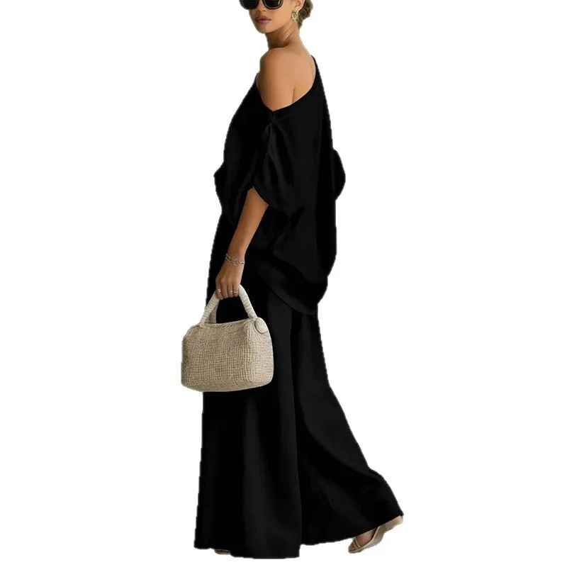 Women's Off-Shoulder Top and Tapered Pants Set with Long Sleeves