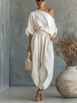 Women's Off-Shoulder Top and Tapered Pants Set with Long Sleeves