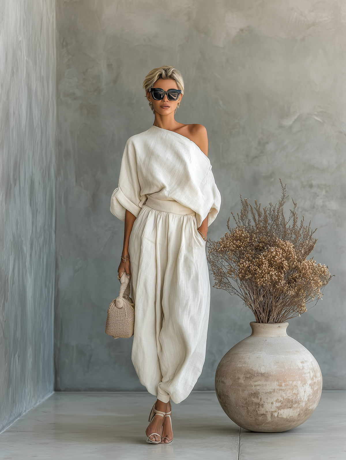 Women's Off-Shoulder Top and Tapered Pants Set with Long Sleeves
