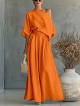 Women's Off-Shoulder Top and Tapered Pants Set with Long Sleeves